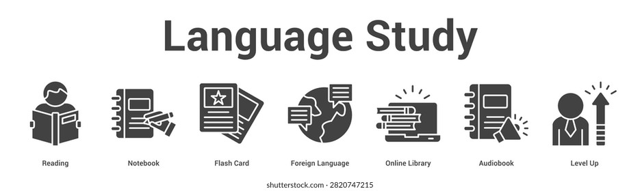 Language Study web banner icon set vector illustration concept for business with icon of Reading, Notebook, Flash Card, Foreign Language, Online Library, Audiobo.