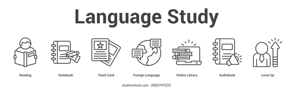 Language Study web banner icon set vector illustration concept for business with icon of Reading, Notebook, Flash Card, Foreign Language, Online Library, Audiobo.