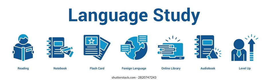 Language Study web banner icon set vector illustration concept for business with icon of Reading, Notebook, Flash Card, Foreign Language, Online Library, Audiobo.