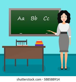 language teacher at school, vector illustration. female teacher in class.