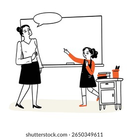 A language teacher is teaching students in front of the board. Hand drawing vector illustration.