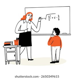 A language teacher is teaching students in front of the board. Hand drawing vector illustration.