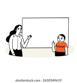 A language teacher is teaching students in front of the board. Hand drawing vector illustration.
