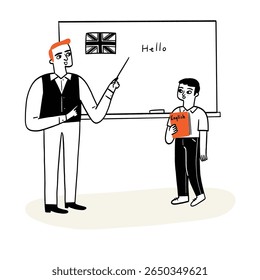 A language teacher is teaching students in front of the board. Hand drawing vector illustration.