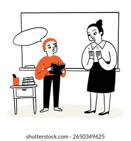 A language teacher is teaching students in front of the board. Hand drawing vector illustration.