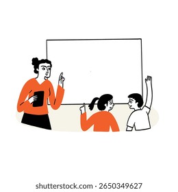 A language teacher is teaching students in front of the board. Hand drawing vector illustration.