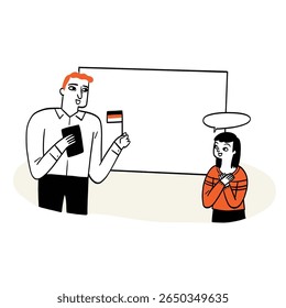 A language teacher is teaching students in front of the board. Hand drawing vector illustration.