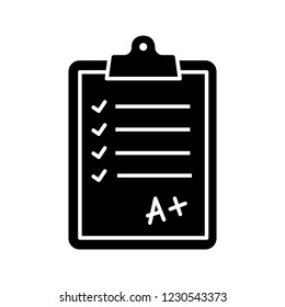 Language test glyph icon. Educational testing. Language proficiency level. Completed examination. Silhouette symbol. Negative space. Vector isolated illustration