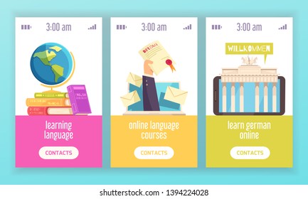Language training center 3 vertical colorful banners advertising certified online courses with dictionaries diploma flat vector illustration