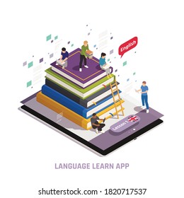 Language training online courses with native tutors e library access isometric composition  learning english app vector illustration 