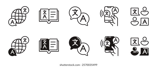 language translate icon line set online global international communication dictionary translation signs vector outline illustration