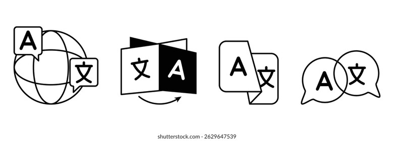 Language translate icon set for multilingual communication tools with speech bubble globe document swap element vector illustration.