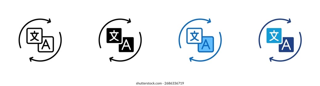 Language Translate Multiple Style Icon Design Vetor - Setas circulares com símbolos de idioma, simbolizando tradução, comunicação multilíngue ou troca
