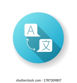 Language translation blue flat design long shadow glyph icon. Freelance interpreter. Online dictionary service. Foreign vocabulary. International communication. Silhouette RGB color illustration