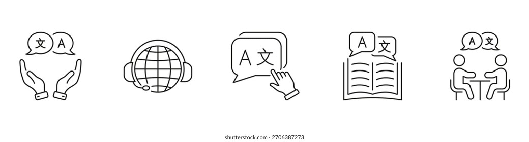 Conjunto De Iconos De Comunicación Y Traducción De Idiomas. La Asistencia Multilingüe, La Comunicación Global Y El Aprendizaje De Idiomas Describen La Colección De Símbolos. Trazo Editable. Ilustración vectorial aislada.