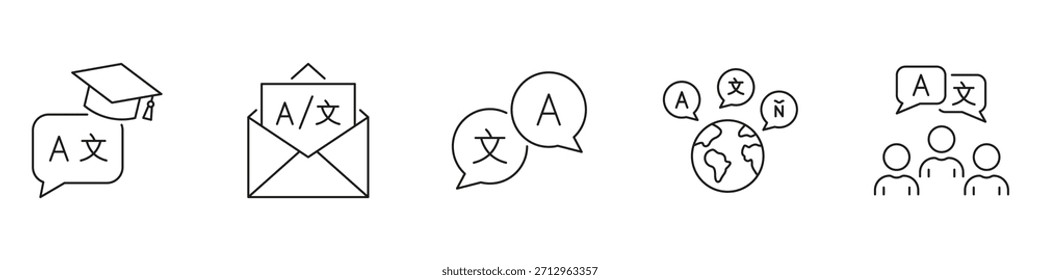 Conjunto De Iconos De Comunicación Y Traducción De Idiomas. La Educación Multilingüe, La Comunicación Global Y El Aprendizaje De Idiomas Describen La Colección De Símbolos. Trazo Editable. Ilustración vectorial aislada.