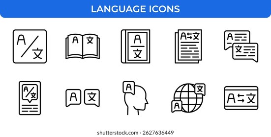 Tradução Linguagem Comunicação Linha de Aprendizagem Ícones Definir Tecnologia Educação Global Contorno Vetor Editável Traço