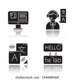 Language translation drop shadow black glyph icons set. DTP service. Text editing. Human interpretation. Transcription. Instant audio online translation. Quality control. Isolated vector illustrations
