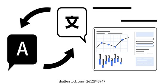 Language translation from English to Chinese with arrows showing conversion. Screen displays graphs, charts, and data analytics. Ideal for translation services, data analysis, international business
