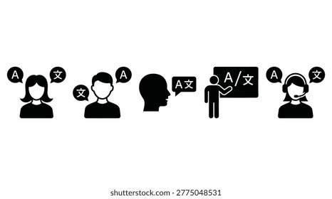 Language translation icon collection in a flat silhouette style, communication, linguistics, education, interpreting, and speech