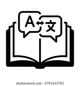 Language translation icon featuring an open book and speech bubbles with characters translation language linguistics education communication