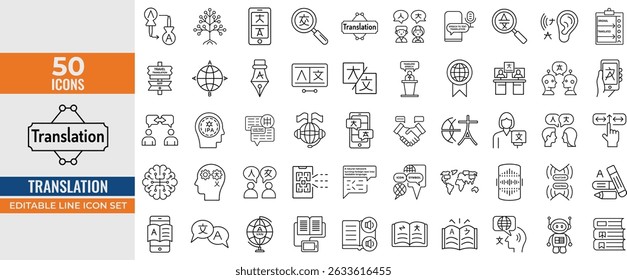 Language and Translation Icon Set. Vector Line Icons for Translator, Bilingual Communication, Dictionary, Linguistics and More