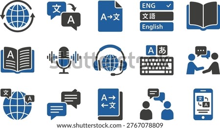Language translation icons set, multilingual communication, voice translation, text convert, global language, interpretation, dictionary, keyboard, chat, vector illustration, flat design