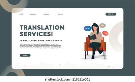 language translation. learn language translation. language translation services webpage. hello in different languages. a girl sitting on a chair holding book. 