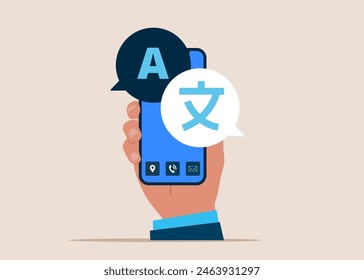 Language translation. Online translator in app smartphone. Linguist. Flat vector illustration