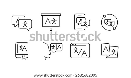 Language translation outline icons set – linear, linguistic, communication symbols