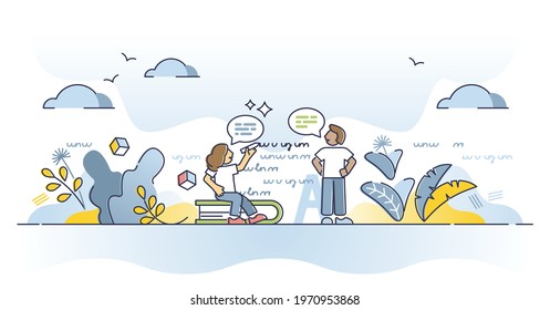 Language translation scene as writing or speaking communication knowledge outline concept. Education about meaning of words, sentences, text, grammar and spelling vector illustration.