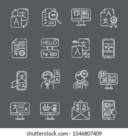 Language Translation Service Chalk Icons Set. Instant Online Translation. Audio, Video Interpretation. Multilingual App, Chatbot. Transcription, Proofreading. Isolated Vector Chalkboard Illustrations