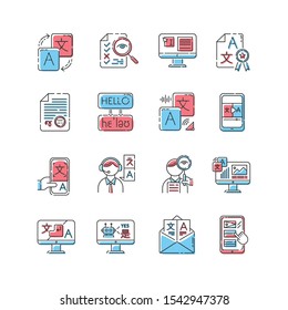 Language Translation Service Color Icons Set. Instant Online Translation. Audio, Video Interpretation. Multilingual App, Chatbot. Transcription, Proofreading. Isolated Vector Illustrations