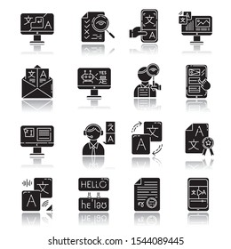 Language Translation Service Drop Shadow Black Glyph Icons Set. Instant Translation. Audio, Video Interpretation. Multilingual App, Chatbot. Transcription, Proofreading. Isolated Vector Illustrations