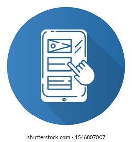 Language translation service flat design long shadow glyph icon. Online multilingual dictionary. Instant interpretation. Smartphone, tablet translator application. Vector silhouette illustration