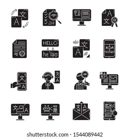 Language Translation Service Glyph Icons Set. Instant Translation. Audio, Video Interpretation. Multilingual App, Chatbot. Transcription, Proofreading. Silhouette Symbols. Vector Isolated Illustration