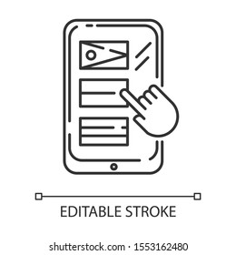 Language translation service linear icon. Online multilingual dictionary. Smartphone, tablet translator app. Thin line illustration. Contour symbol. Vector isolated outline drawing. Editable stroke
