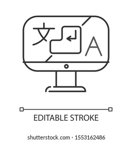 Language translation service linear icon. Desktop online dictionary. Instant machine translator application. Thin line illustration. Contour symbol. Vector isolated outline drawing. Editable stroke