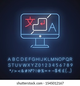 Language translation service neon light icon. Desktop online dictionary. Instant machine translator application. Glowing sign with alphabet, numbers and symbols. Vector isolated illustration