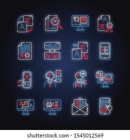 Language Translation Service Neon Light Icons Set. Online Translation. Audio, Video Interpretation. Multilingual App, Chatbot. Transcription, Proofreading. Glowing Signs. Vector Isolated Illustrations