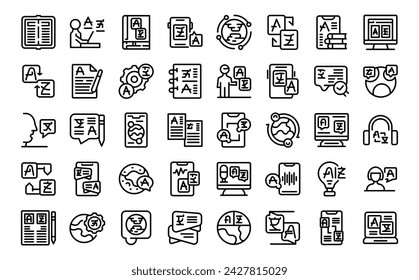 Language translation services icons set outline vector. Talk interpreter. Education computer