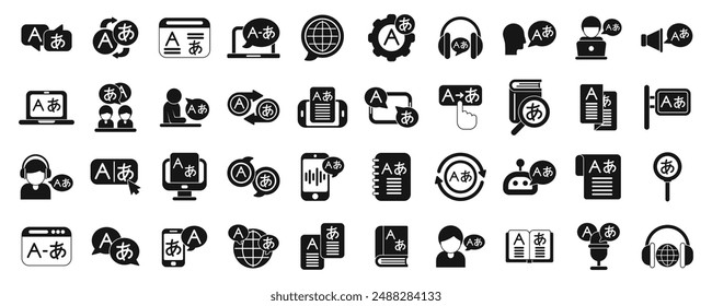 Language translation services icons set. Language learning concept icons set in simple style. Different ways to learn a language black icons in set collection