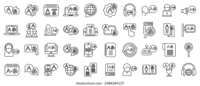 Language translation services icons set. Diverse set of icons representing language learning, featuring translation, interpretation, and language exchange concepts