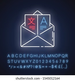 Language translation services neon light icon. International communication. Message interpretation. Email translation. Glowing sign with alphabet, numbers and symbols. Vector isolated illustration