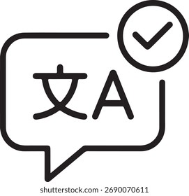 Símbolo de traducción de idioma con marca de verificación en la burbuja de voz