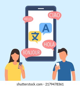 Language translation via mobile app in flat design.