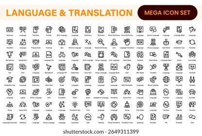 Language and translation web icon set in line style. Language translation, linguistics, speaking, dictionary, listening skills, writing, translate, collection.