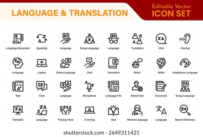 Language and translation web icon set in line style. Language translation, linguistics, speaking, dictionary, listening skills, writing, translate, collection.