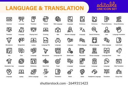 Language and translation web icon set in line style. Language translation, linguistics, speaking, dictionary, listening skills, writing, translate, collection.