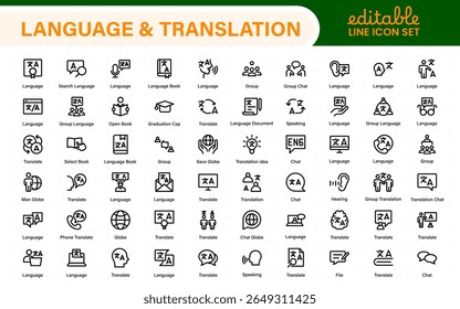 Language and translation web icon set in line style. Language translation, linguistics, speaking, dictionary, listening skills, writing, translate, collection.